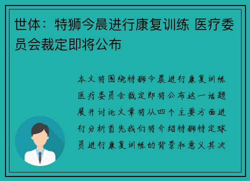 世体：特狮今晨进行康复训练 医疗委员会裁定即将公布